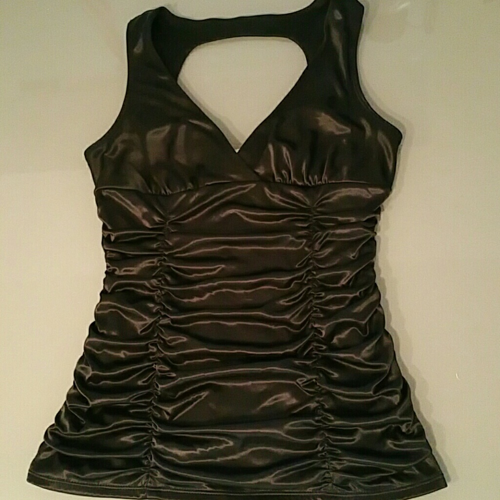 Studio Y Black Satin Ruched Sleeveless Top